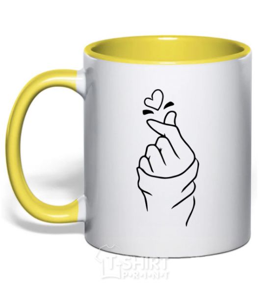 Mug with a colored handle Korean heart yellow фото