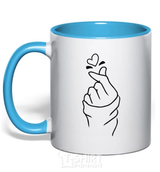 Mug with a colored handle Korean heart sky-blue фото