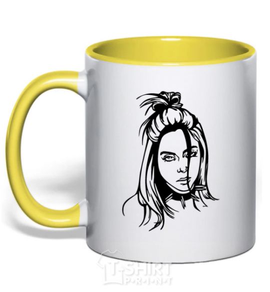 Mug with a colored handle Billie Eilish portrait yellow фото