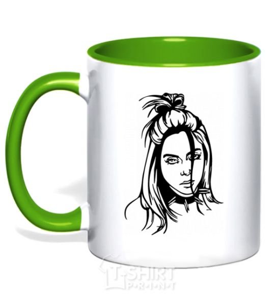 Mug with a colored handle Billie Eilish portrait kelly-green фото