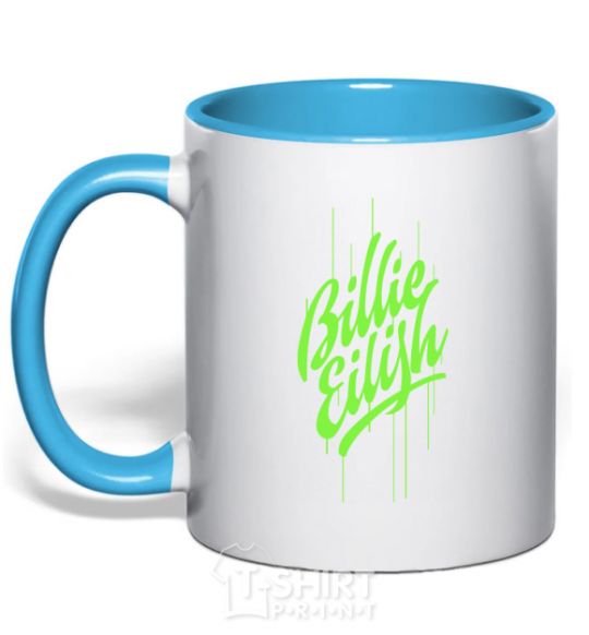 Mug with a colored handle Billie Eilish green sky-blue фото