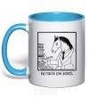 Mug with a colored handle Horses die from work sky-blue фото