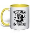 Mug with a colored handle Keep Calm And Say Cheese yellow фото