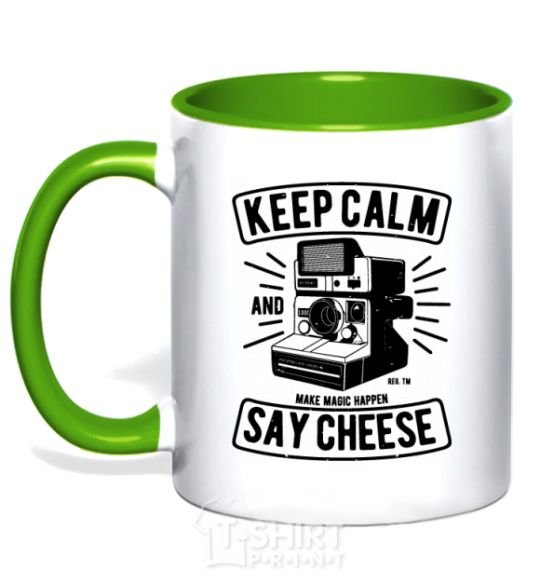 Mug with a colored handle Keep Calm And Say Cheese kelly-green фото