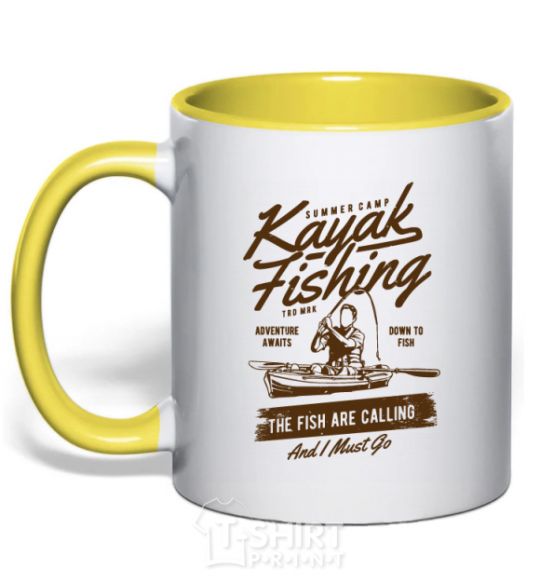 Mug with a colored handle Kayak Fishing yellow фото