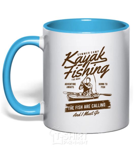 Mug with a colored handle Kayak Fishing sky-blue фото
