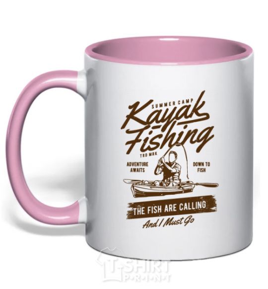 Mug with a colored handle Kayak Fishing light-pink фото