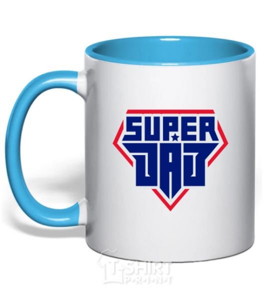 Mug with a colored handle Super Dad red and blue sky-blue фото