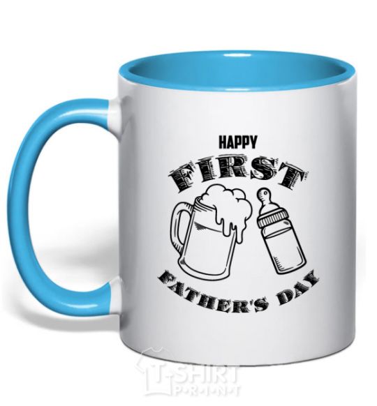 Mug with a colored handle Happy first father's day sky-blue фото