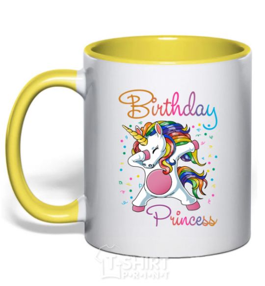 Mug with a colored handle Birthday princess yellow фото