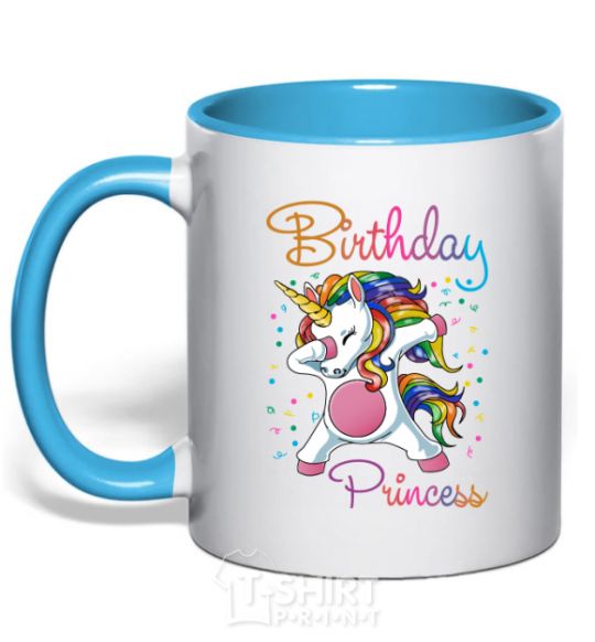 Mug with a colored handle Birthday princess sky-blue фото