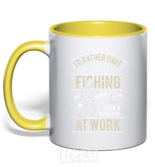 Mug with a colored handle Fishing day yellow фото