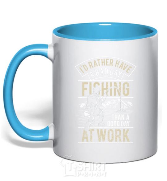 Mug with a colored handle Fishing day sky-blue фото