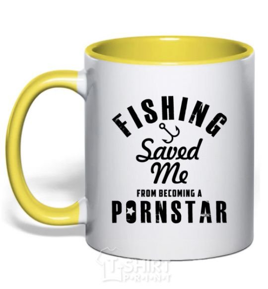 Mug with a colored handle Fishing save me from becoming a pornstar yellow фото