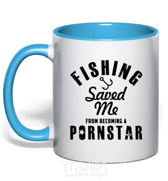 Чашка с цветной ручкой Fishing save me from becoming a pornstar Голубой фото