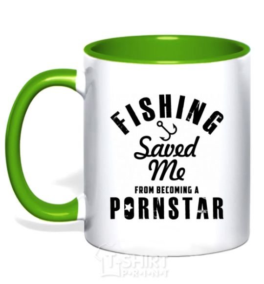 Mug with a colored handle Fishing save me from becoming a pornstar kelly-green фото