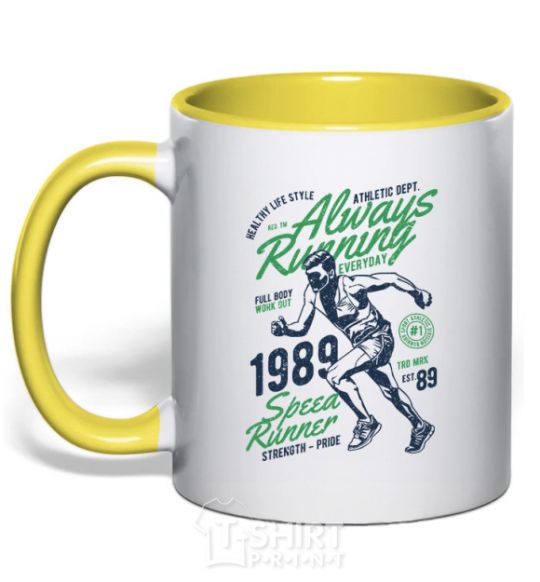 Mug with a colored handle Always Running yellow фото
