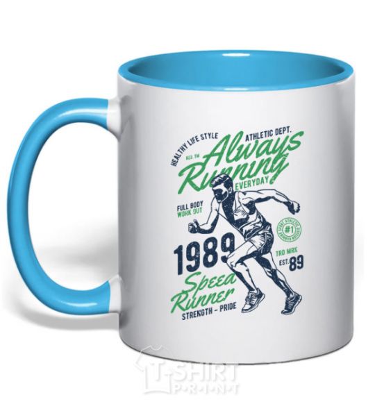 Mug with a colored handle Always Running sky-blue фото