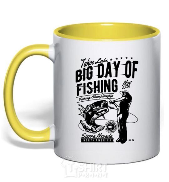 Mug with a colored handle Big Day of Fishing yellow фото