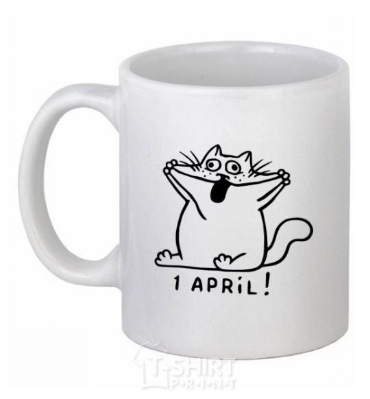 Чашка керамическая Первое апреля кот Белый фото