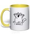 Mug with a colored handle April Fool's Day cat yellow фото