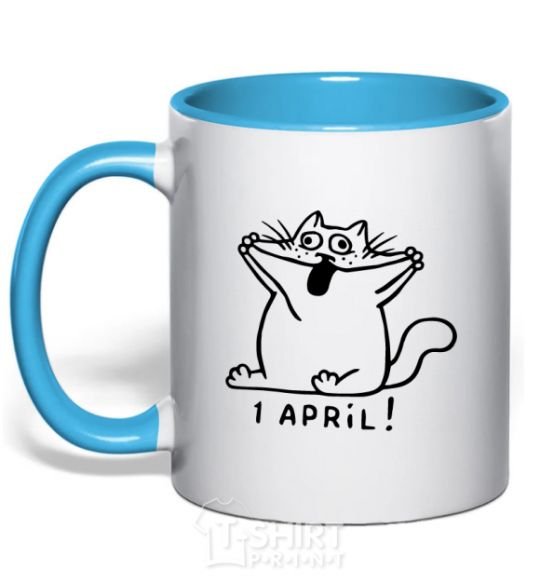 Mug with a colored handle April Fool's Day cat sky-blue фото