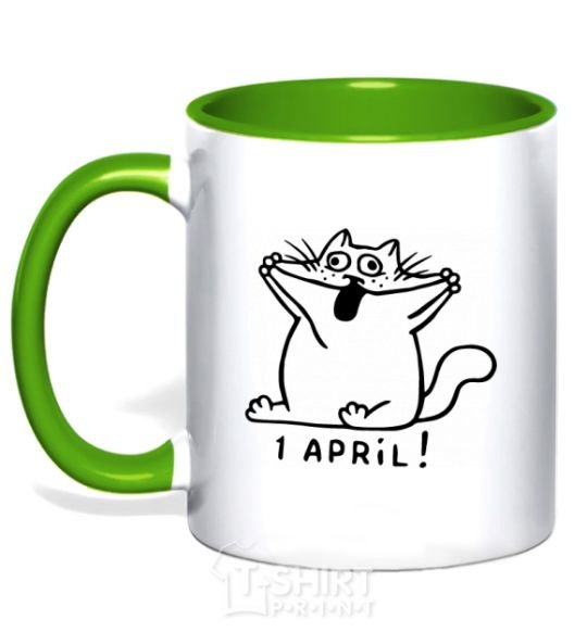 Чашка с цветной ручкой Первое апреля кот Зеленый фото