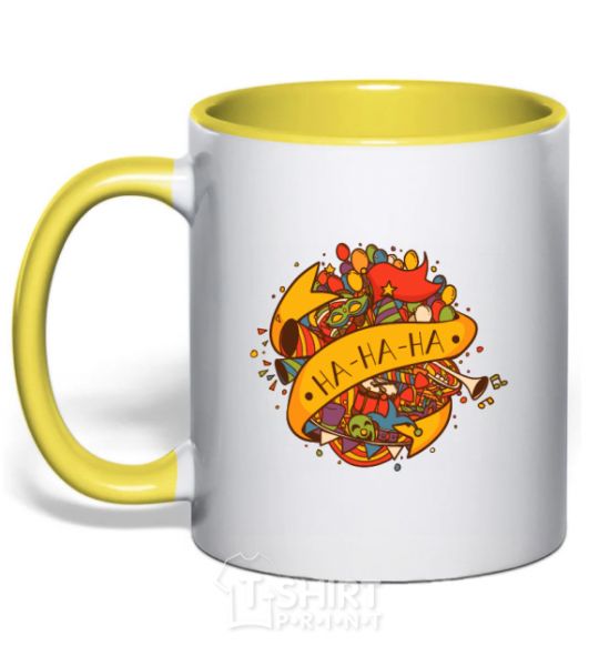 Mug with a colored handle HA-HA-HA yellow фото
