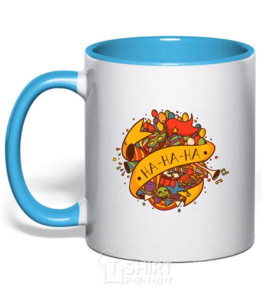 Mug with a colored handle HA-HA-HA sky-blue фото