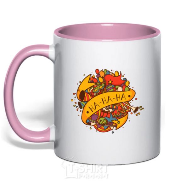 Mug with a colored handle HA-HA-HA light-pink фото