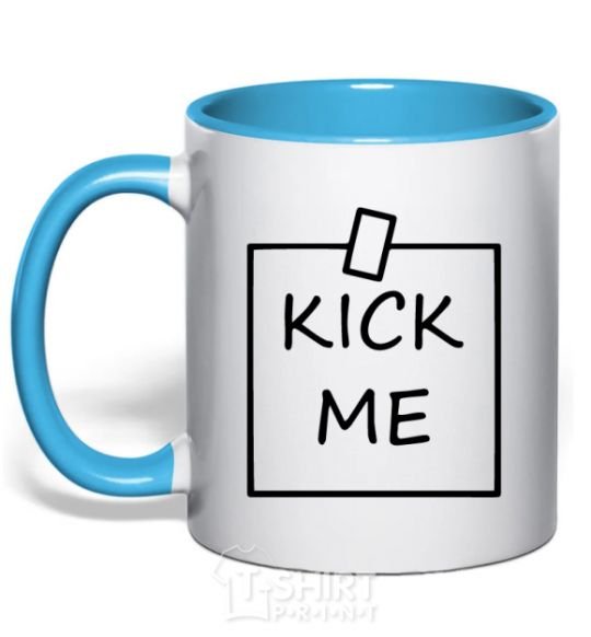 Mug with a colored handle Kick me note sky-blue фото