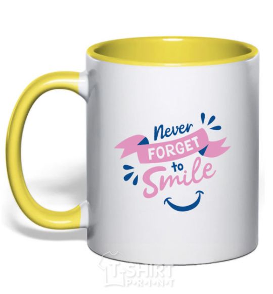 Mug with a colored handle Never forget to smile yellow фото
