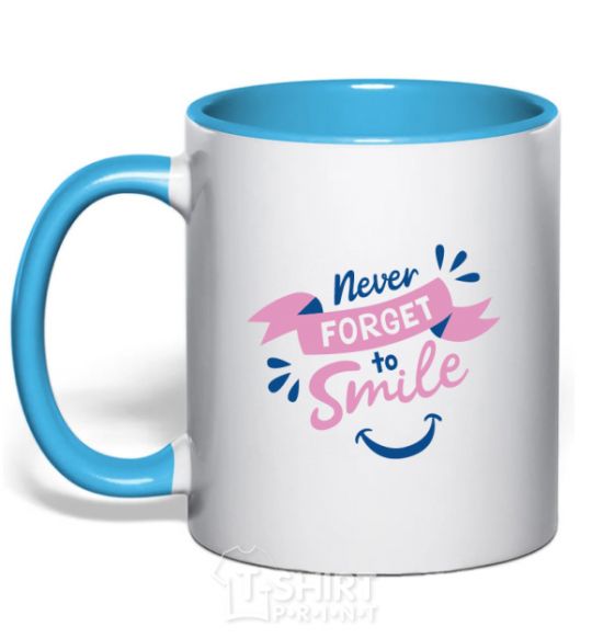 Mug with a colored handle Never forget to smile sky-blue фото