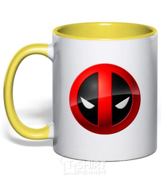 Mug with a colored handle Deadpool face logo yellow фото