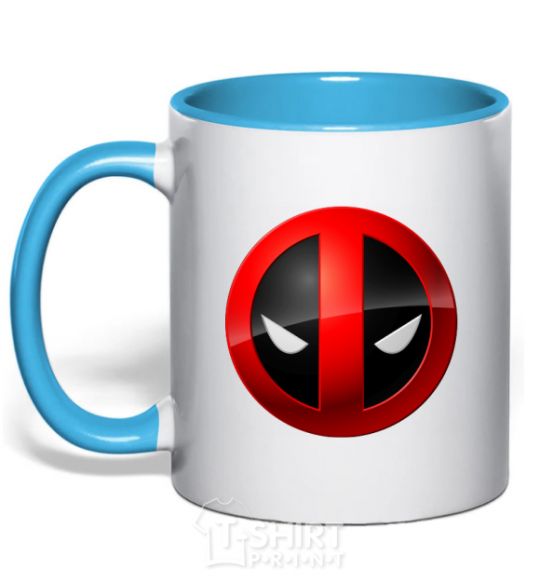 Mug with a colored handle Deadpool face logo sky-blue фото