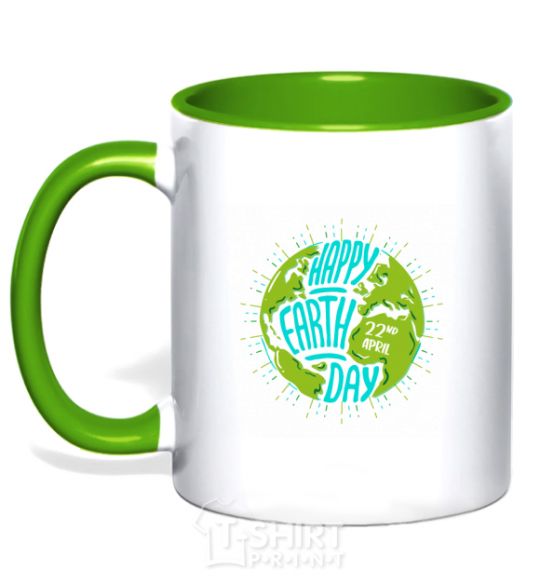 Mug with a colored handle Happy Earth day green kelly-green фото