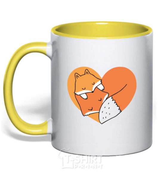 Mug with a colored handle Chanterelles heart yellow фото