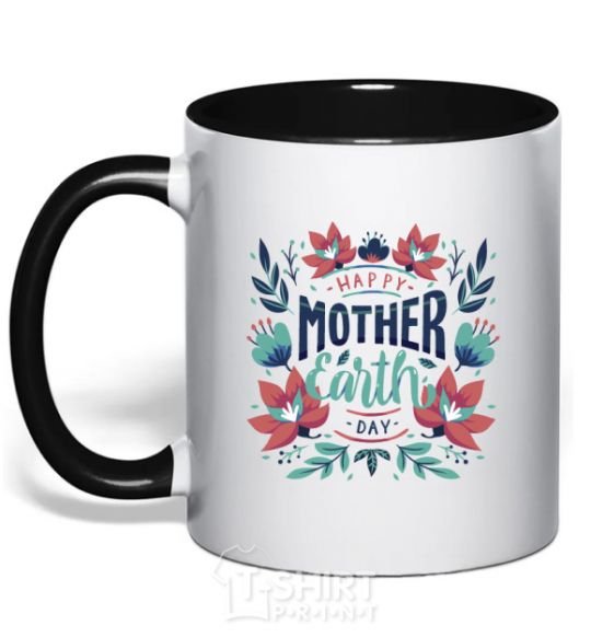 Mug with a colored handle Mother Earth day flowers black фото