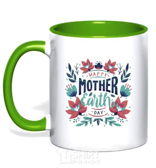 Mug with a colored handle Mother Earth day flowers kelly-green фото