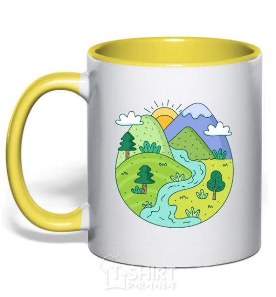 Mug with a colored handle Our planet yellow фото