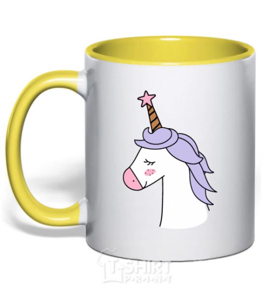 Mug with a colored handle A unicorn with a star yellow фото