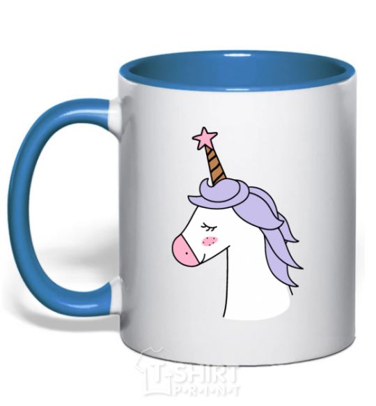 Mug with a colored handle A unicorn with a star royal-blue фото