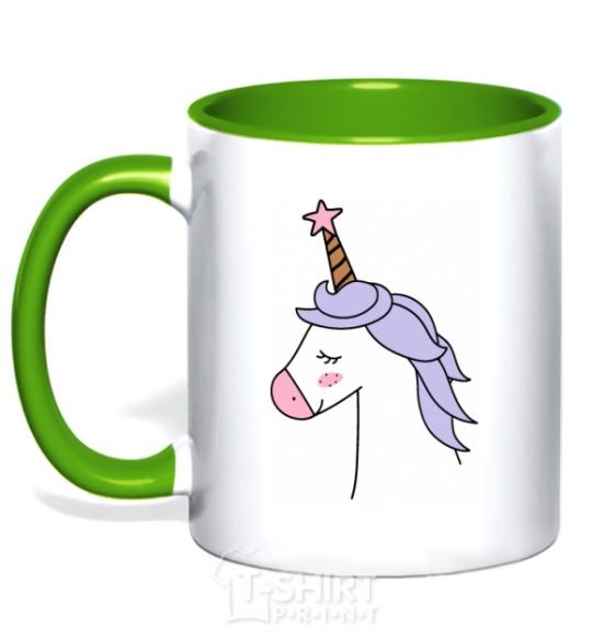 Mug with a colored handle A unicorn with a star kelly-green фото