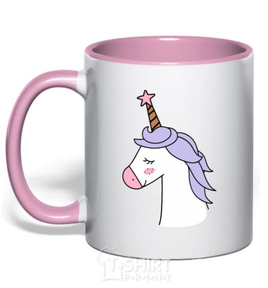 Mug with a colored handle A unicorn with a star light-pink фото
