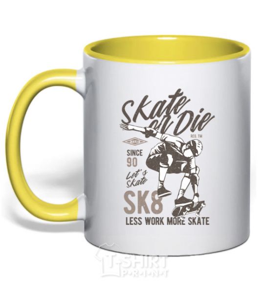 Mug with a colored handle Skate Or Die yellow фото