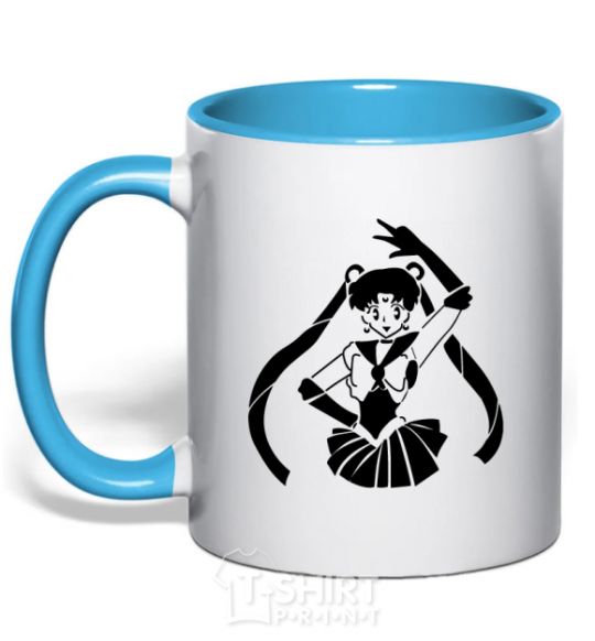 Mug with a colored handle Sailor Moon black sky-blue фото