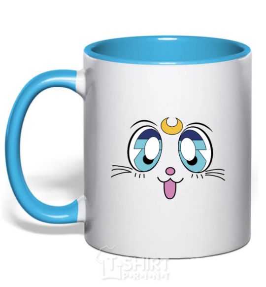 Mug with a colored handle Cat Moon sky-blue фото