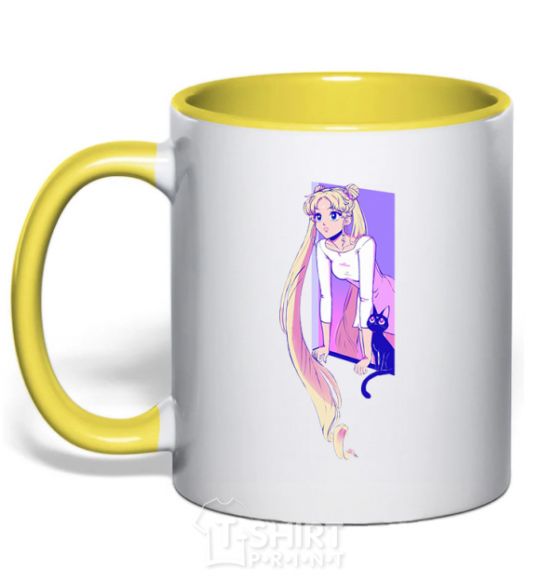 Mug with a colored handle Sailor moon with the cat yellow фото