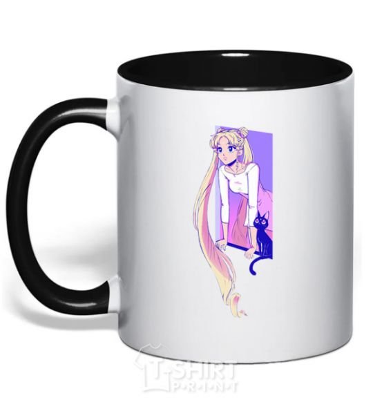 Mug with a colored handle Sailor moon with the cat black фото