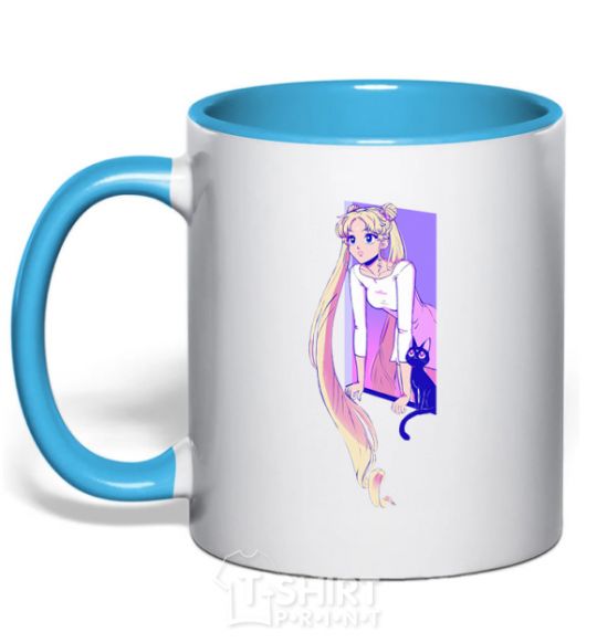 Mug with a colored handle Sailor moon with the cat sky-blue фото